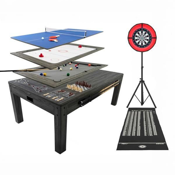 7-in-1 grey games table featuring layers for ping pong, air hockey, billiards, and darts, with LED light and accessories included