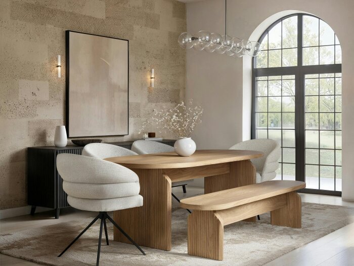 SOLACE+CO Varm Wooden Ribbed Dining Table with Bench & Eira Chairs Set - 4