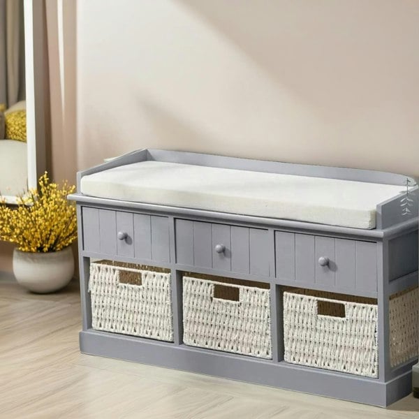 Rafaelo Mobilia Shoe Storage Bench With Cushioned Seat And 6 Drawers Grey