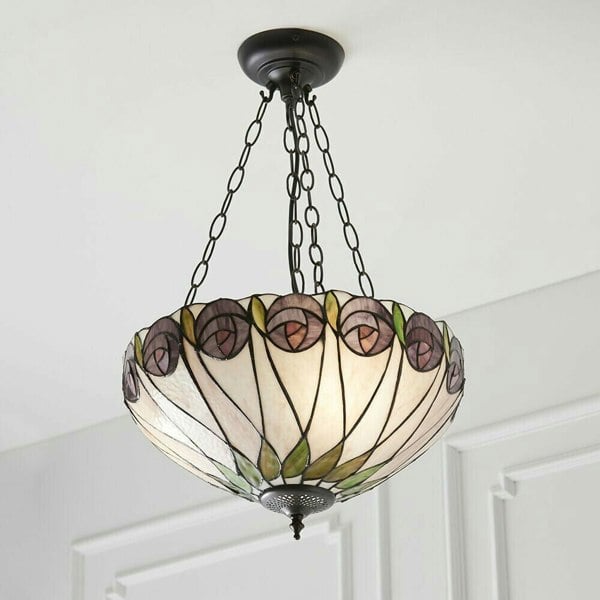 Tiffany Glass 3 Light Pendant - Mackintosh Style Rose - Dark Bronze Finish Loops