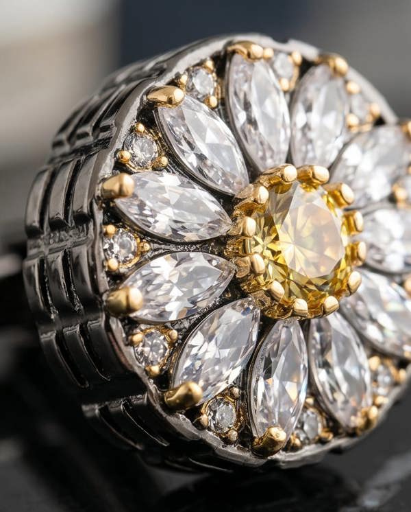 Close-up of a decorative brooch with marquise-shaped stones and gold accents.