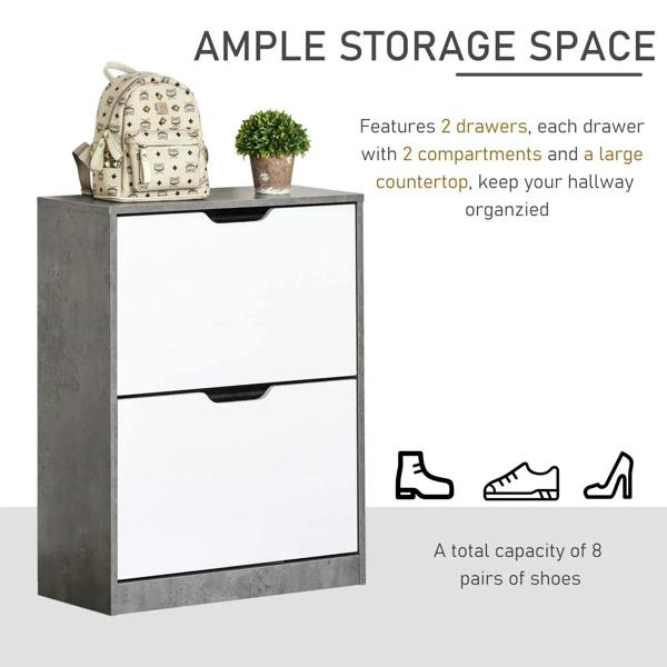 Grey and white two-drawer shoe cabinet with groove pull handles, top and closed drawers