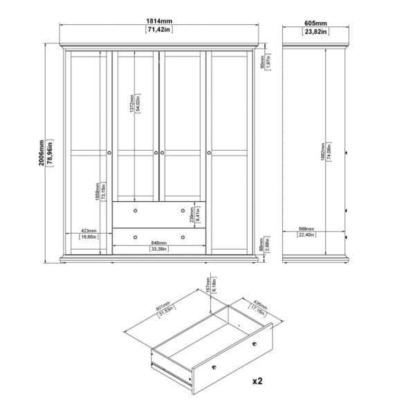 Wyld Haus Osaka Farmhouse Dark Grey Wooden Wardrobe 4 Doors 2 Drawers