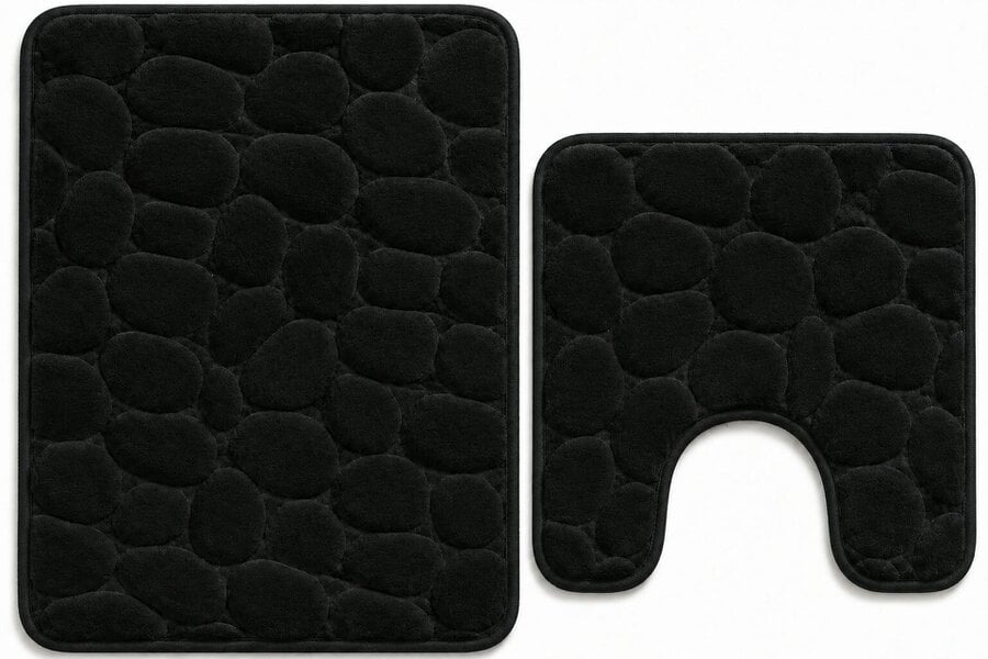 Night Zone Pebble Stone Bath Mat Set – Soft Absorbent Non-Slip Bathroom Rug Set - Black