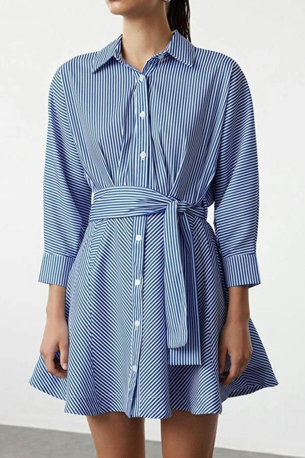 WOVCOR Striped Mini Woven Shirt Dress with Belt Detail
