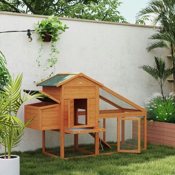 Wooden chicken coop in backyard with elevated nesting house, ramp to mesh run
