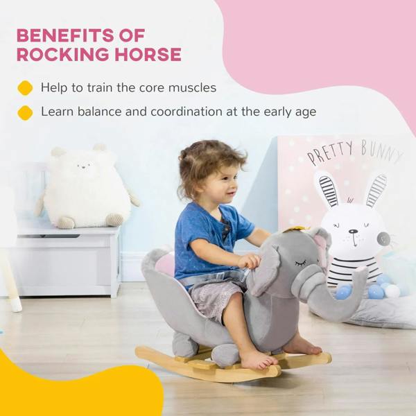 Grey elephant rocking horse with crown, plush seat and safety belt on wooden base