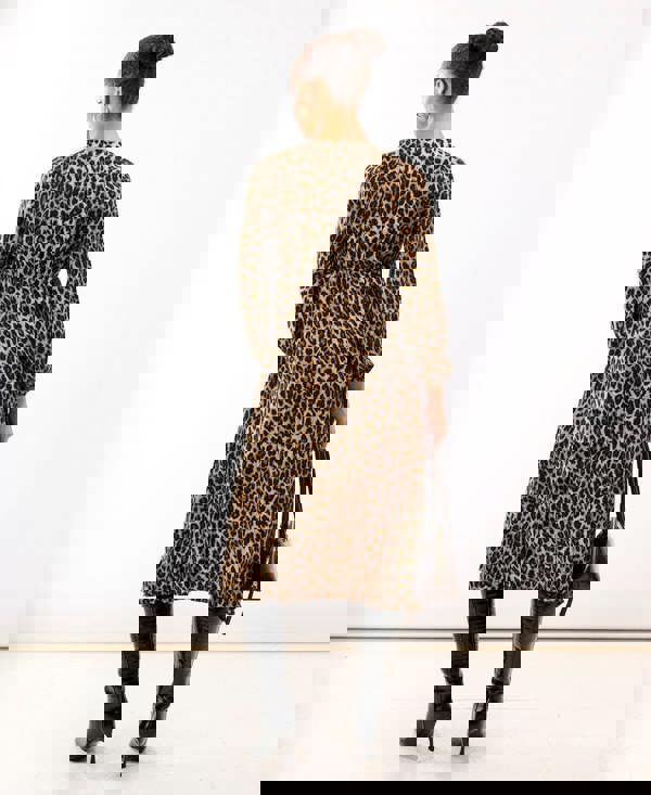 Brown Animal Printed Long Sleeve Midi Dress