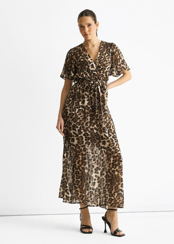 Gini London Brown Chiffon Animal Lurex Stripe Wrap Midi Dress