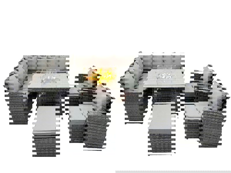 Fimous 11 Seat Poly Rattan Outdoor Patio Gas Firpit Dining Table Corner Sofa Set with 3 Stool 2 Chairs for Garden Backyard Dark Grey Mixed