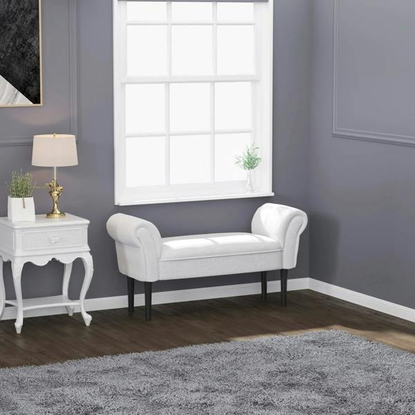 Upholstered bench with rounded arms, greyish white seat and dark legs