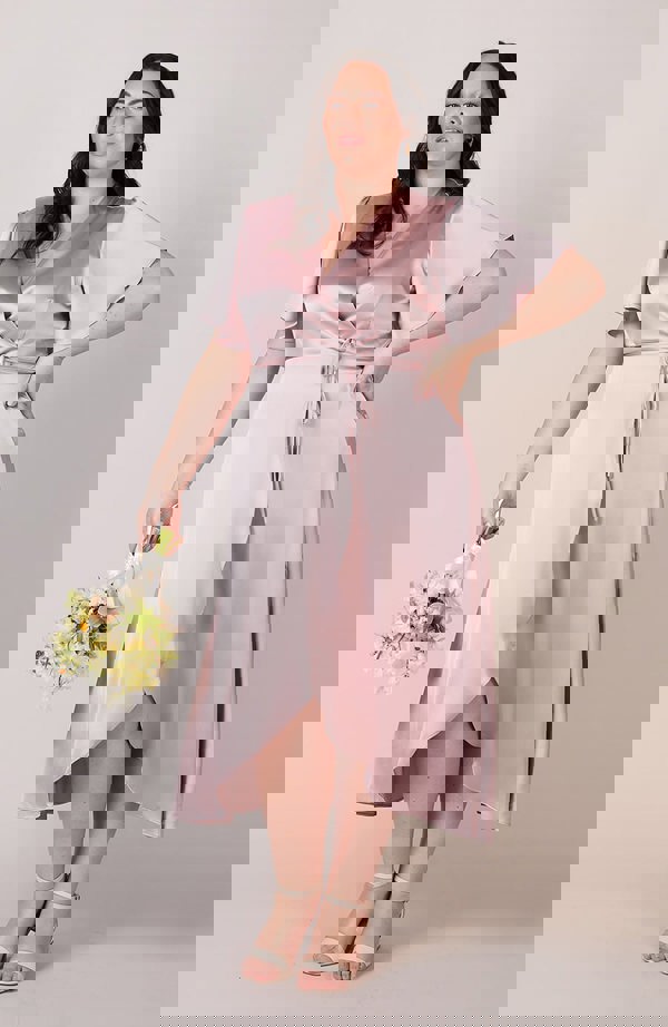 Rewritten London Florence Waterfall Dress in Rose Pink Satin