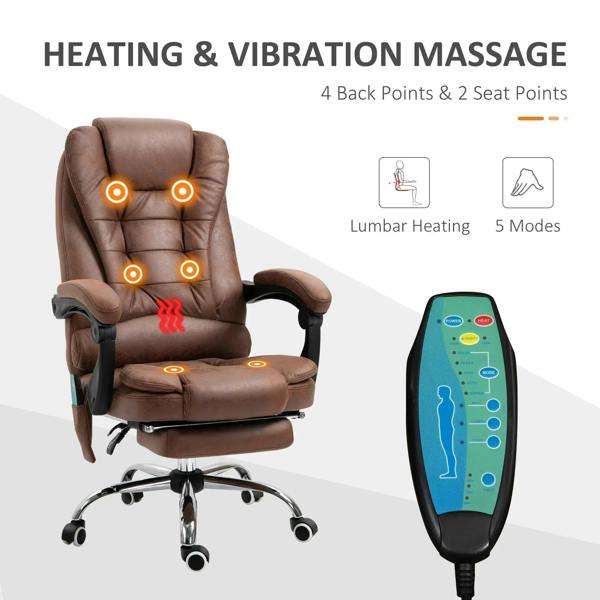 Brown massage office chair with heated back and vibration points, footrest