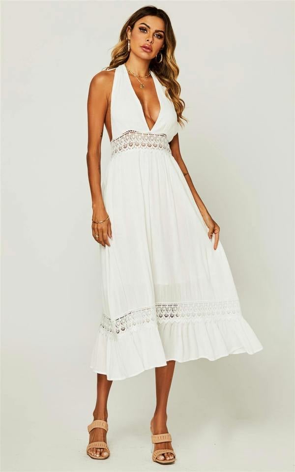 FS Collection V Neck Back Tie Detail Lace Midi Dress In Ivory White