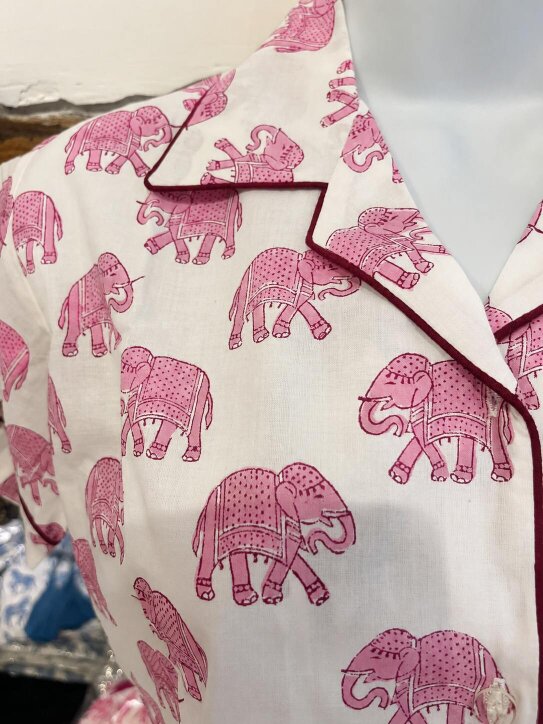 Soul Of Sita Short Sleeve Pink Woodblock Elephant print pyjamas - Adult