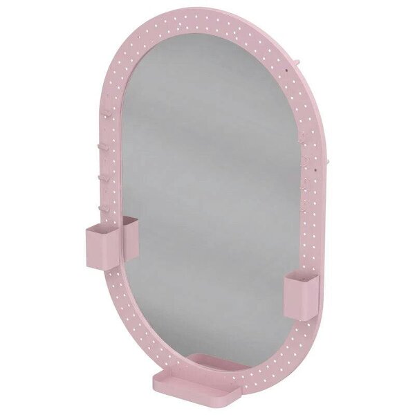 Oval Wall Mirror, 60 x 90 cm Decorative Hanging Mirror with Pegboard Frame, Wall-Mounted, Pink