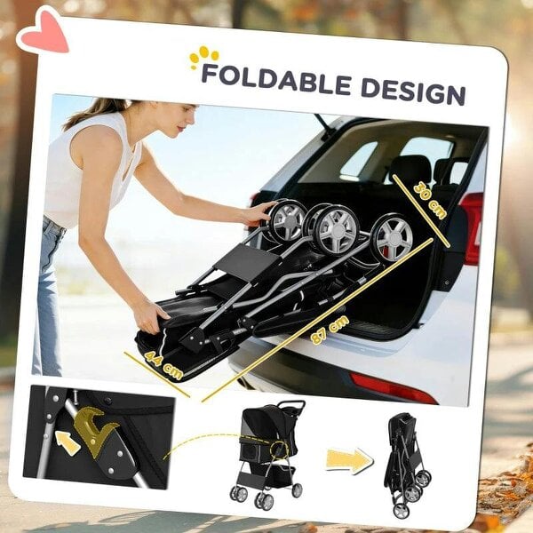 Dog Pram, Pet Stroller with Reflective Strips, Foldable Cat Stroller with 360° Swivel Wheels, Black