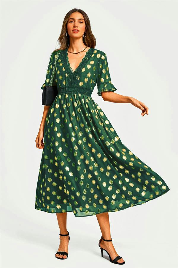 FS Collection Gold Foil Long Sleeve Lace Trim V Neck Maxi Dress In Green