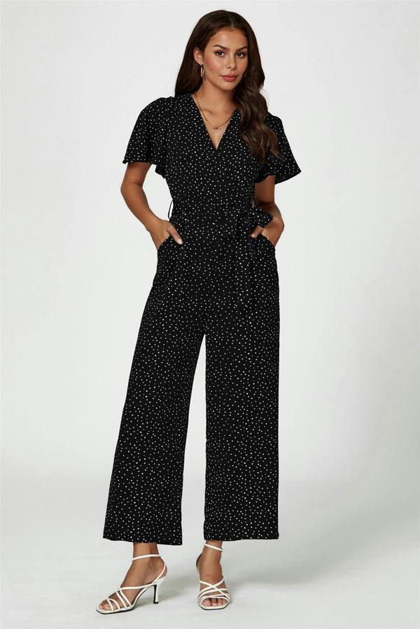 FS Collection Dot Print Wrap Top Jumpsuit In Black