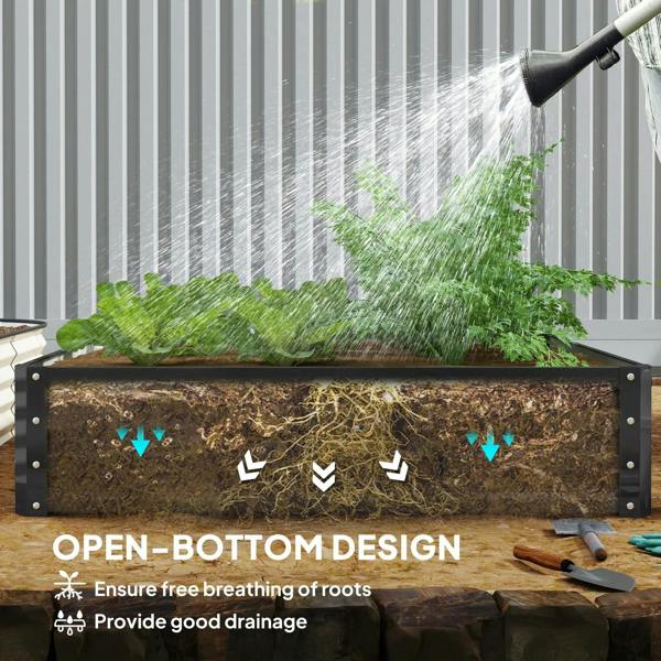 Grey open-bottom raised garden bed with soil base and drainage illustration