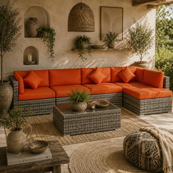 Wyld Haus Yodosu Grey Rattan 5 Seater Outdoor Sofa Set with Orange Cushions
