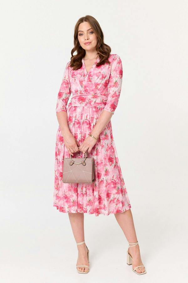Pink | Floral Pleated Shirred Wrap Midi Dress
