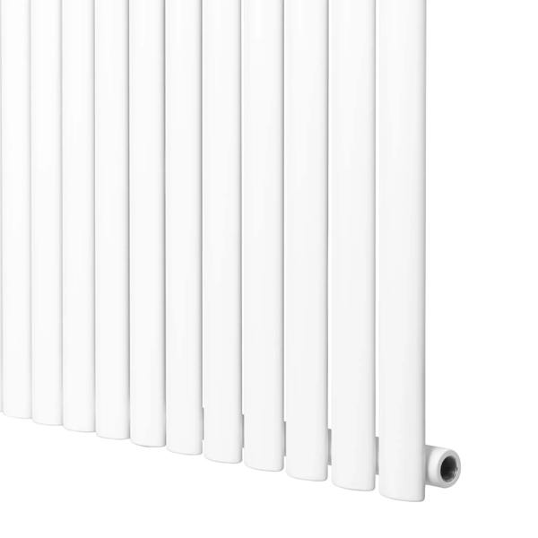 Sleek white oval single column radiator, 600 x 1200mm, featuring smooth vertical bars and a modern design for efficient heating