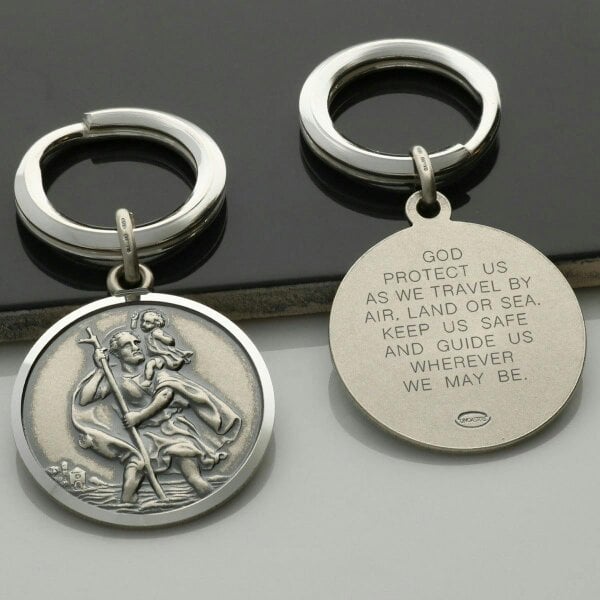 Christopher James of London Antique Finish Sterling Silver 27mm St Christopher Keyring With Travellers Prayer