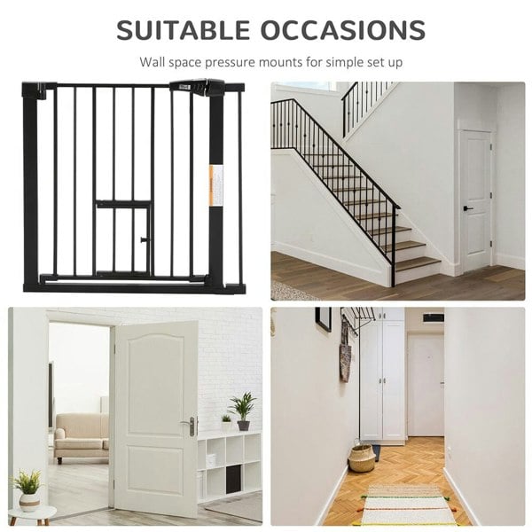 Pet Safety Gate Stair Pressure Fit with Lockable Cat Flap Pet Gates Living and Home