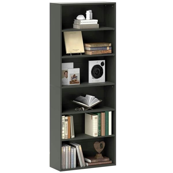 Black six-shelf bookcase with open storage compartments, tall vertical design.