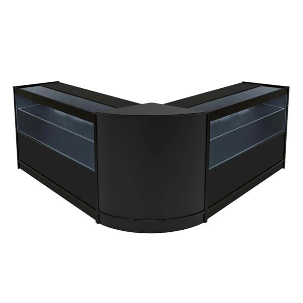 Black Selene LED shop counter set featuring a sleek, modern design with glass display shelves, perfect for retail environments