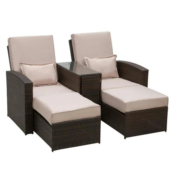 Brown rattan 2-seat sofa lounger set with beige seat cushions and two throw pillows