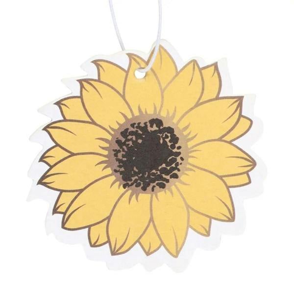 Sunflower honey air freshener tag with dark center and white hanging loop
