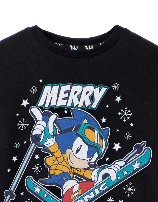 Sonic the Hedgehog Boys Black Merry Christmas Short Sleeved T-Shirt