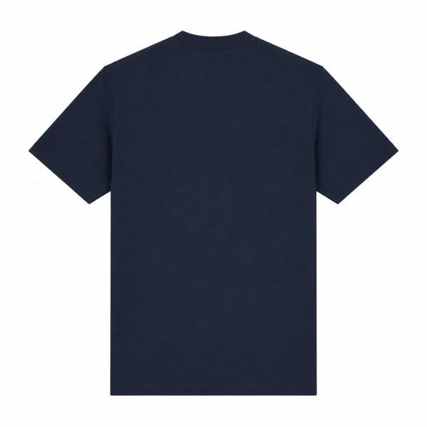 Back view of a plain navy blue Barbour International short-sleeve cotton t-shirt with a crew neckline.