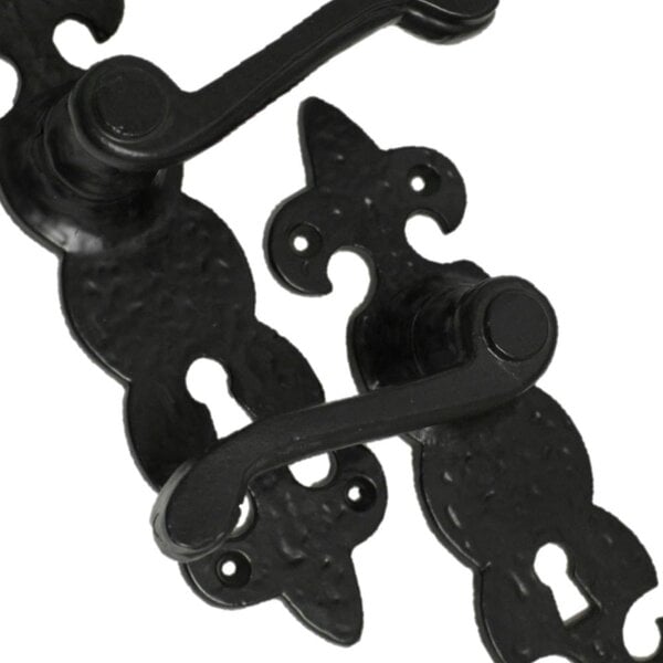 EDH Door Hardware Black Cast Iron Fleur-de-Lys Door Handles – Lever Latch, Bathroom Lock & 3 Lever Lock Sets