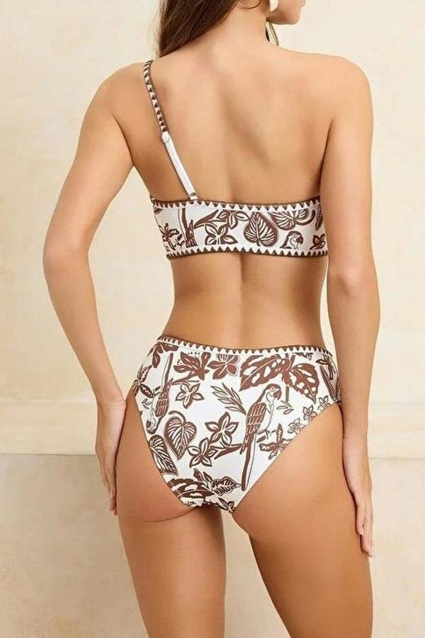 WOVCOR Tropical Pattern Embroidered One-Shoulder Covered High-Waisted Regular Bikini Set