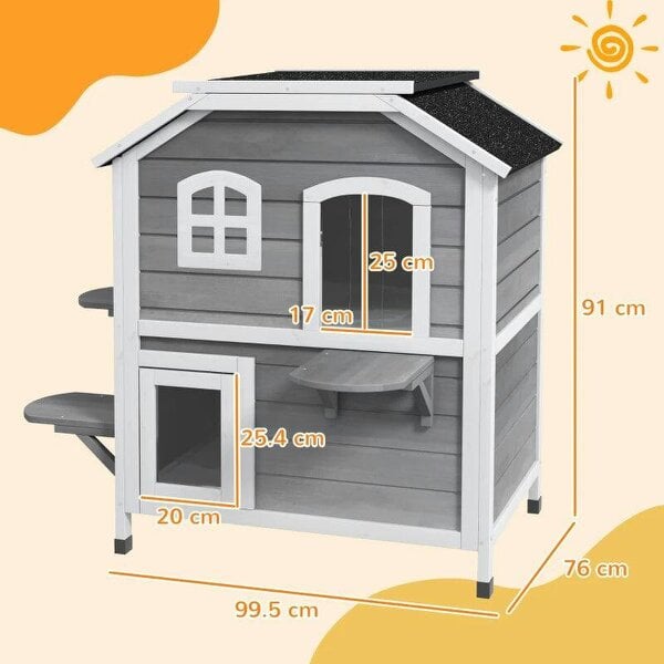 2-story Cat House Outdoor, Weatherproof Wooden Cat Enclosure with Escape Door, Openable Roof, Jumping Platforms, Grey