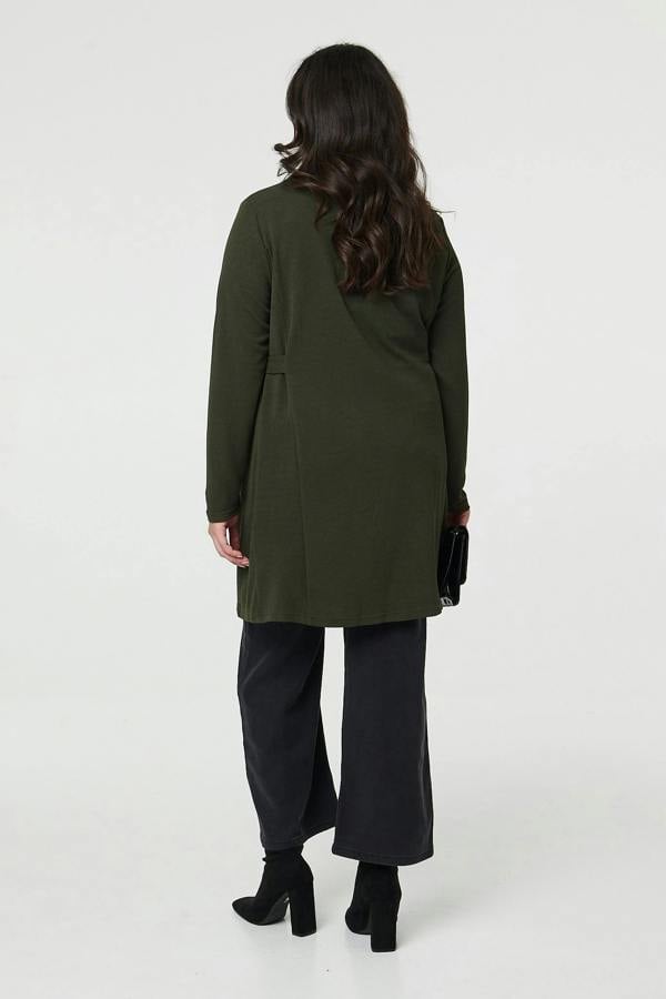 Khaki | Curve Open Front Longline Knit Jacket