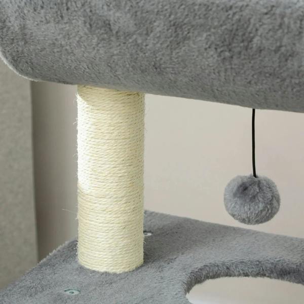 Light grey cat tree tower scratching post with dangling fuzzy ball toy