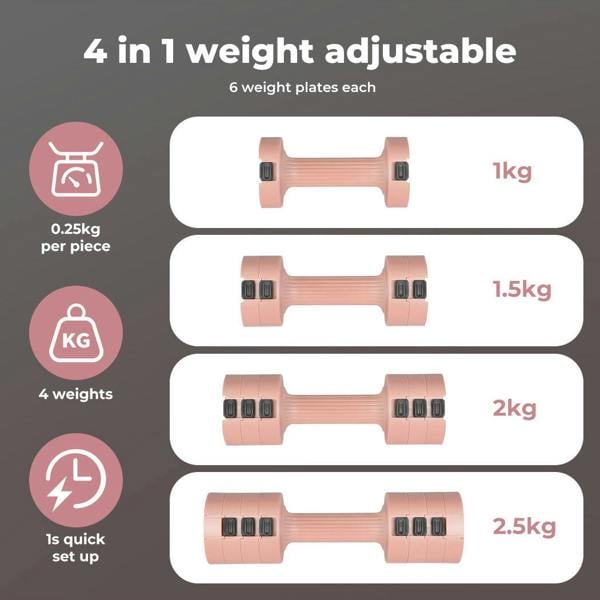 Centra Pair Dumbbells  Fast Adjustable 1KG-2.5KG With Metal Weight Pink