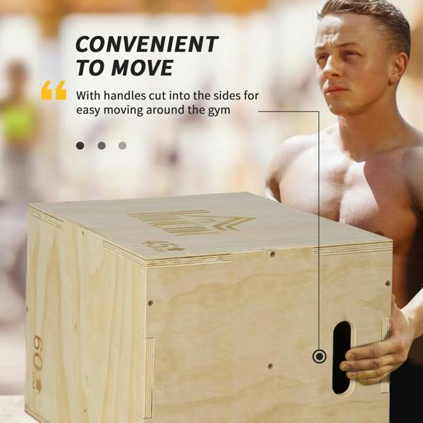 Natural wooden plyometric jump box with side handle opening for easy moving