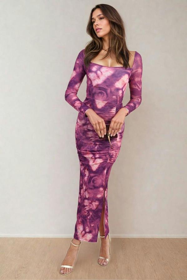 Priscilla Printed Long Sleeve Cross-tied Back Midi Dress - Purple