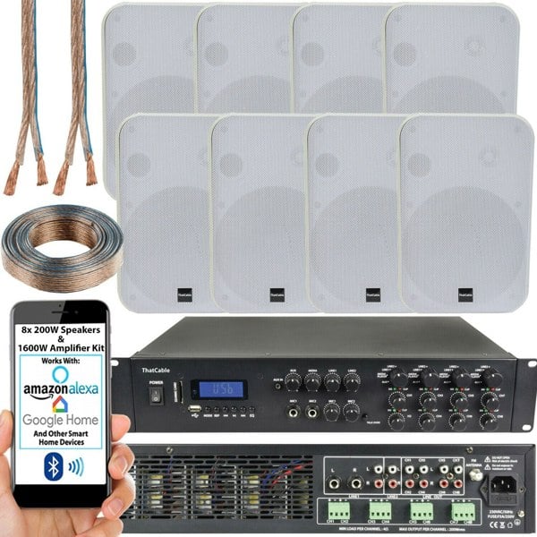 1600W Bluetooth Sound System 8x 200W White Wall Speaker 8 Zone Matrix Amplifier