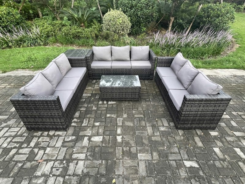 Fimous 9 Seater Outdoor Lounge Sofa Set Wicker PE Rattan Garden Furniture Set with Oblong Coffee Table Side Table Dark Grey Mixed