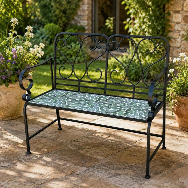 Leaf Mosaic 2 Seater Garden Bench, 112cm Outdoor Patio Seat with Ceramic Tile Seat, Scrollwork Backrest & Metal Frame image 7