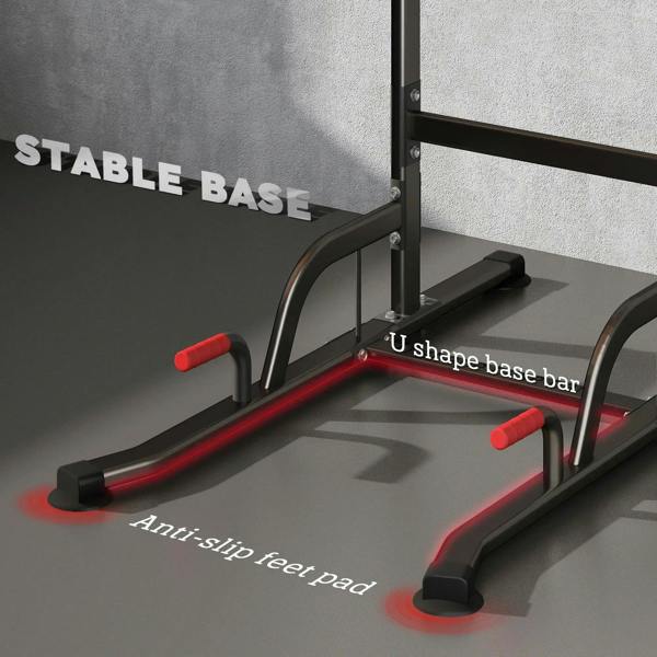 Power tower base with anti-slip feet and U-shaped stabilizer bar