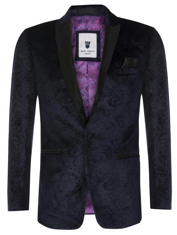 Marc Darcy Mens Navy Velvet Paisley Blazer Dinner Jacket