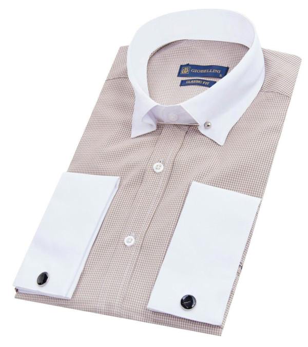 TruClothing Mens Club Collar Beige Shirt 1920s Peaky Blinders With Bar Poplin Pin Smart