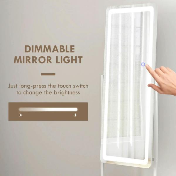 White full-length mirror with LED light border and touch switch on the frame